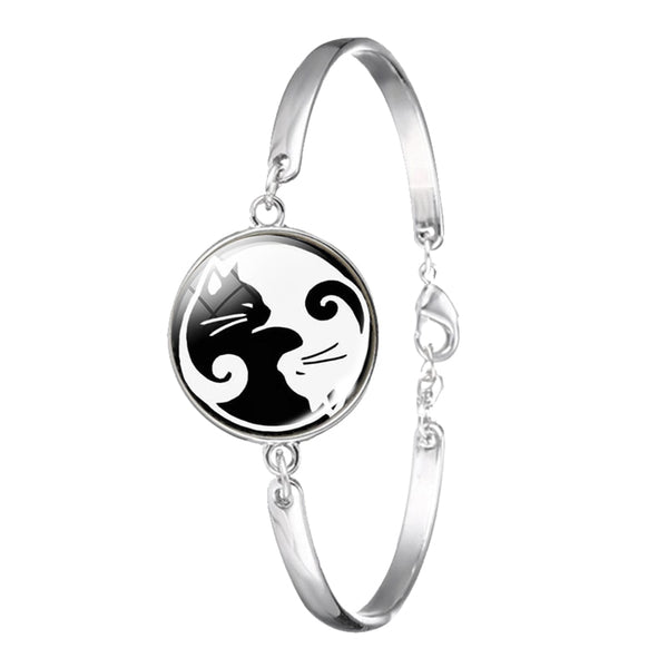 Yin Yang Black and White Tai Chi Bracelets Glass Cabochon Bangles Yoga