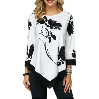 Women New Spring Oversized Blouse Irregular O-Neck Lace Splice Floral Print