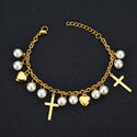 Women New Cross Pearl Heart Charms Bracelet