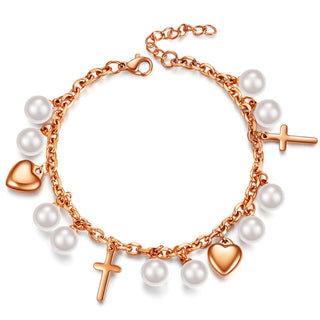 Buy rose Women New Cross Pearl Heart Charms Bracelet