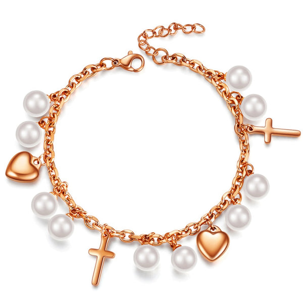 Women New Cross Pearl Heart Charms Bracelet