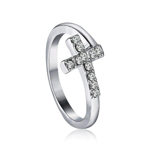 Buy j65s-size7 1PC Silver Color Alloy Cross Heart Rhinestone Mosaic Opening Ring Simple Round