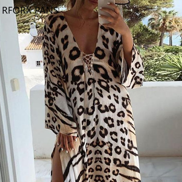 Women Dress Cheetah Print Lace-up High Slit Maxi