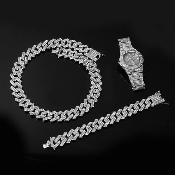 Men's 1Kit 20MM Watch +Necklace +Bracelet Heavy Iced Rhinestones