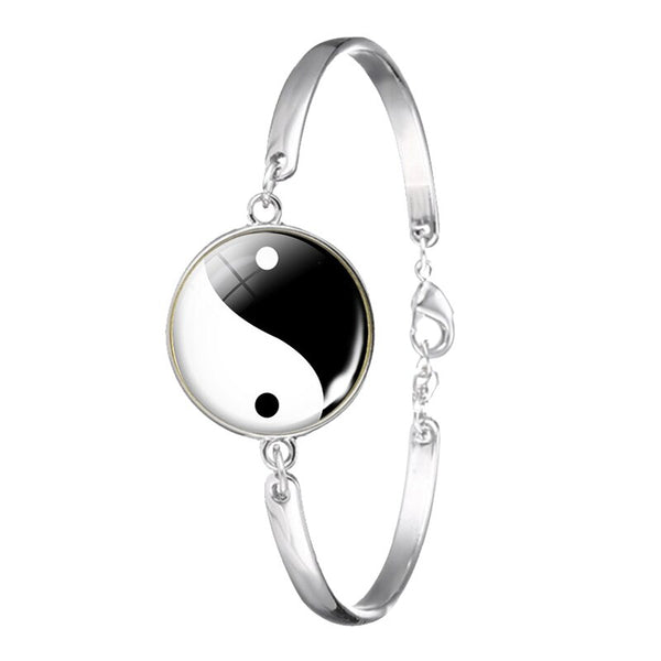 Yin Yang Black and White Tai Chi Bracelets Glass Cabochon Bangles Yoga