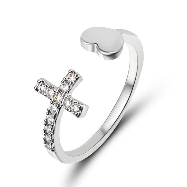 1PC Silver Color Alloy Cross Heart Rhinestone Mosaic Opening Ring Simple Round
