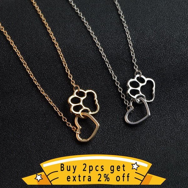 Women Heart &  Dog Paw Charm Necklace