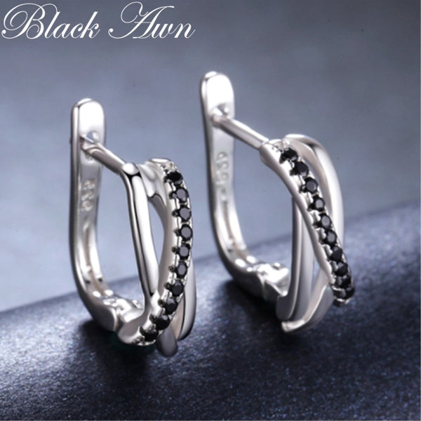 Black Awn 2022 Classic Silver Color Jewelry Black Spinel Stone Cute Stud Earrings for Women