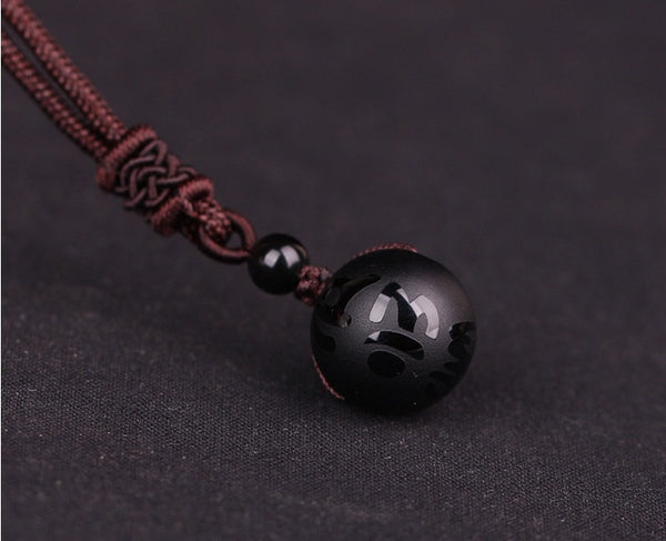 Men Women Natural Stone 16mm Black Obsidian Tiger Eye Stone Pendant Necklace