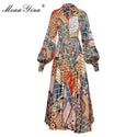 Women Lapel Long Sleeve Vintage Print Dress