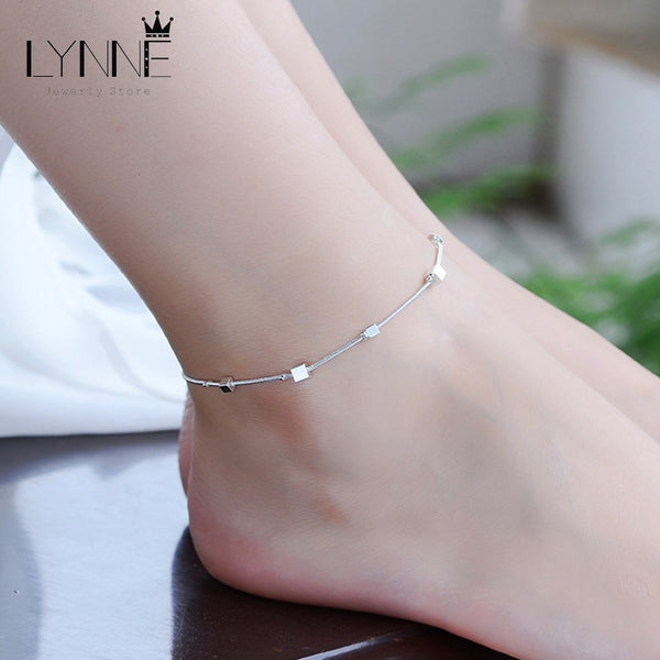 Women Foot Anklet 925 Sterling Silver Square Pendant