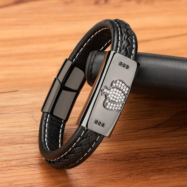 Stainless Steel Men's Leather Cubic Zirconia Magnet Buckle