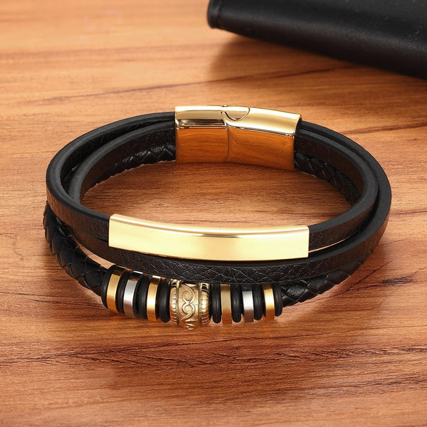 Men Multi-layer Leather Stainless Steel Metal Bracelet