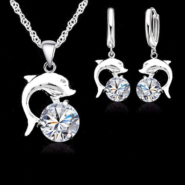 925 Sterling Silver Necklace for Women CZ Diamond Dolphin Hoop Earrings
