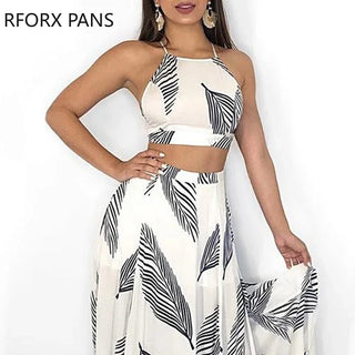 Women Leaf Print Backless Two Pieces Dress Cami Top & Split Maxi Set  Dress