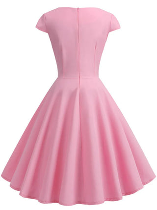 Women Pink Summer V Neck Big Swing Vintage Dress