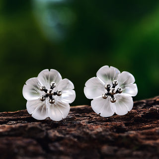Buy antique-silver-white Women Lotus Flower Real 925 Sterling Silver Earrings