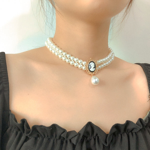 Women Layered Short Pearl Choker Necklace
