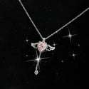 Wome's Pink Crystal Angel Wings Heart Pendant Necklace