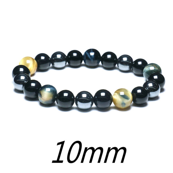 Men Women Bracelet Triple Protection Black Obsidian Hematite Tiger Eye Beads