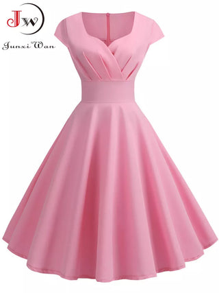 Women Pink Summer V Neck Big Swing Vintage Dress