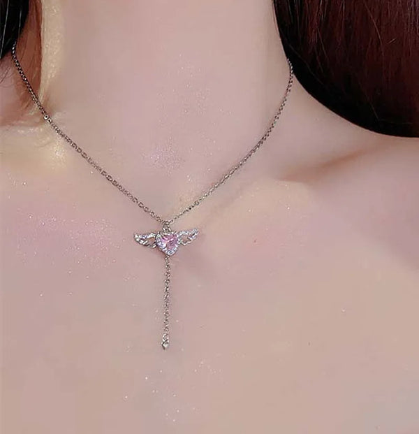 Wome's Pink Crystal Angel Wings Heart Pendant Necklace