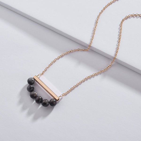 Women Stone Beads Metal Bar Pendant Short Necklace