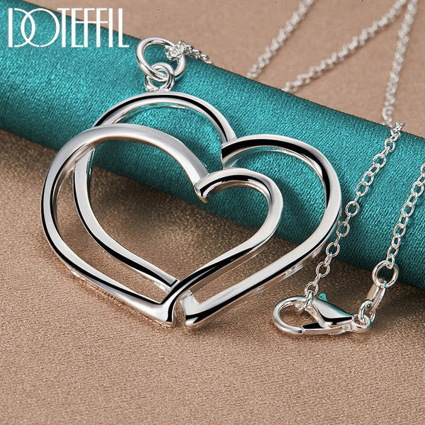 925 Sterling Silver Double Heart Pendant Necklace For Woman