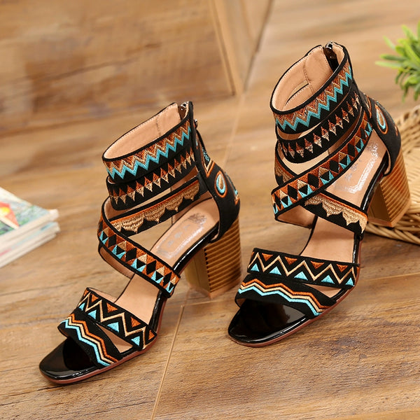 Women's Ankle-Strap Vintage Embroidery Roman Style Sandals