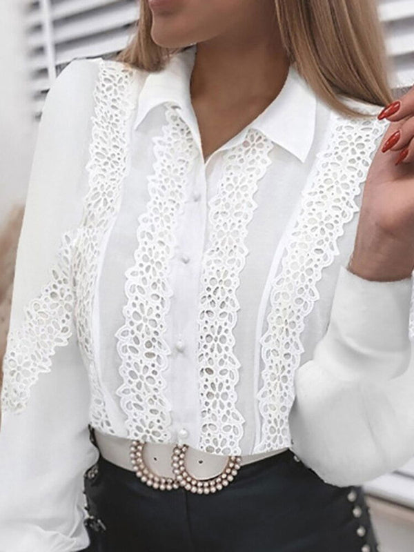 White Collared Lace Patchwork Hollow Out Button Up Womens Tops And Blouses 2022 Fashion New Blouse - Fashionontheboardwalk - White Collared Lace Patchwork Hollow Out Button Up Womens Tops And Blouses 2022 Fashion New Blouse - Fashionontheboardwalk -  - #tag1# 