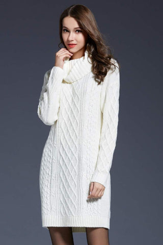 Buy white Full Size Mixed Knit Cowl Neck Dropped Shoulder Sweater Dress