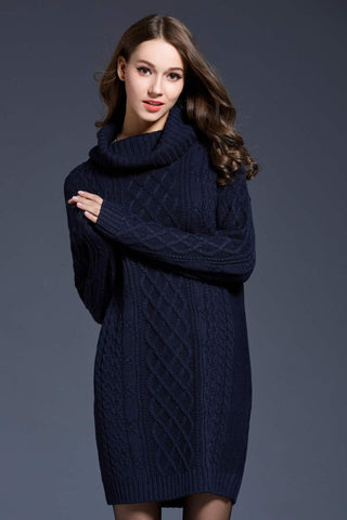 Buy navy Full Size Mixed Knit Cowl Neck Dropped Shoulder Sweater Dress