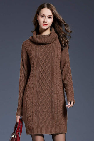 Buy brown Full Size Mixed Knit Cowl Neck Dropped Shoulder Sweater Dress