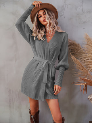 Buy gray Belted Surplice Lantern Sleeve Wrap Sweater Dress