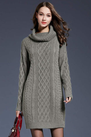 Buy gray Full Size Mixed Knit Cowl Neck Dropped Shoulder Sweater Dress