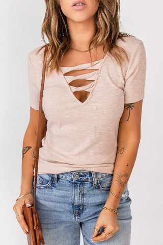 Buy apricot Strappy Ribbed Knit T-Shirt