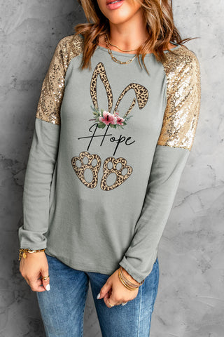 Buy cloudy-blue Leopard Sequin Round Neck Long Sleeve Top