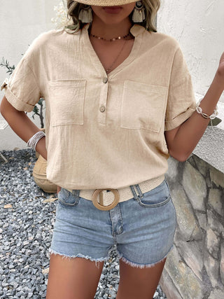 Buy beige Buttoned Notched Neck Cuffed Sleeve Blouse