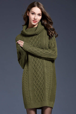 Buy green Full Size Mixed Knit Cowl Neck Dropped Shoulder Sweater Dress
