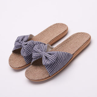Buy blue-stripes Women Flax Bohemian Floral Bow Sandals