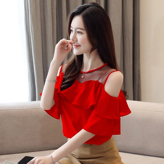 Buy red Womens blouses Summer 2022 short sleeve chiffon blouse shirt off shoulder top