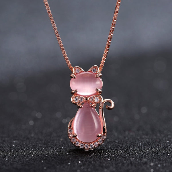Rose Gold Color Cute Cat Synthetic Ross Quartz Pink Opal Necklace for Women