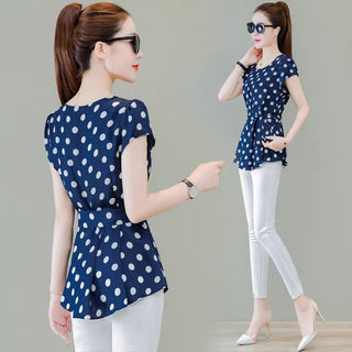 Buy blue Women Spring Summer Style Chiffon Blouses Casual Short Sleeve O-Neck Solid Polka Dot
