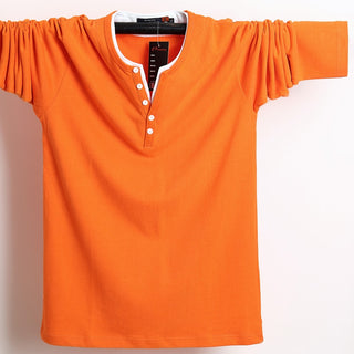 Buy orange 2022 Men T-Shirt Button Cotton Long Sleeve
