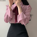 Ruffled Bow Tie Top Autumn Basic Wear Flare Sleeve Women Single Breasted Button Solid White Shirts Blouses