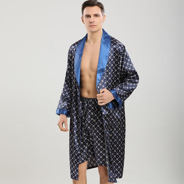 Men Robe Sets Satin Kimono Sleepwear Bathrobe Faux Silk 2PCS