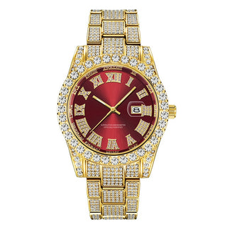 Buy gold-red Men Full Iced Out Luxury Date Quartz Wrist Watches