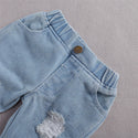 New 0-24M Baby Girls Fall Clothes Long Sleeve Lace Romper Suit Triangle Crotch Lace Top  Hole Long Jeans 2Pcs Outfit