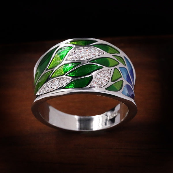 Elegant Bohemian Style 925 Silver Green Leaf Enamel Ladies Ring