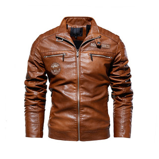 Buy brown Men Winter Fleece Motorcycle PU Leather Jacket